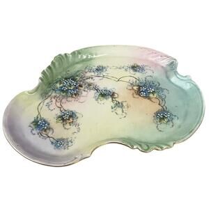 Antique Limoges France Porcelain Dresser Tray Hand Painted Flowers Blue 12" x9"